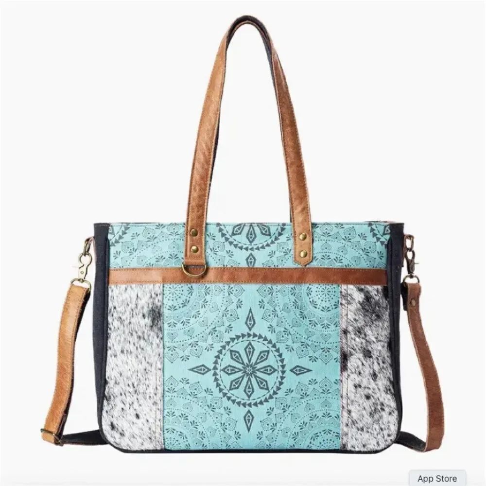 Vintage Canvas Genuine Cowhide Shoulder Tote Bag Anngoti Brand